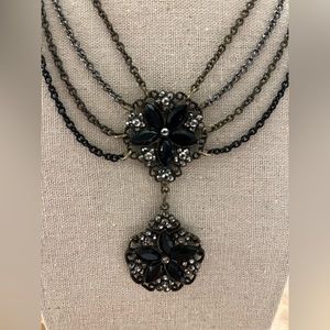Gothic Victorian Style Black Faceted Bicone Flower Rhinestone Festoon Necklace